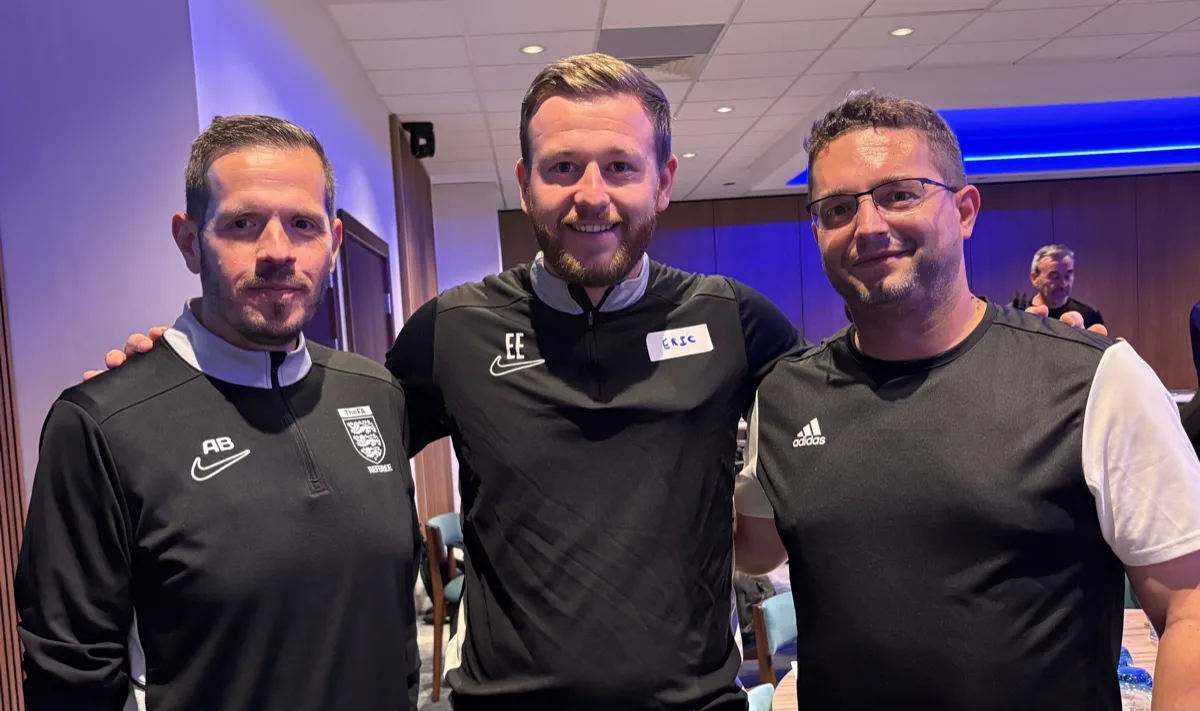 Arnaud with Eric from Behind the Whistle and a fellow referee at the Referees' Association assistant referee mastermind